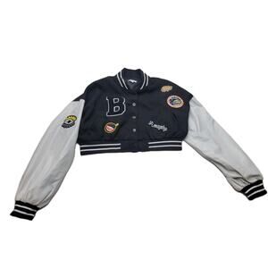 Varsity Patched Black Cropped Bomber Jacket White faux leather Size medium